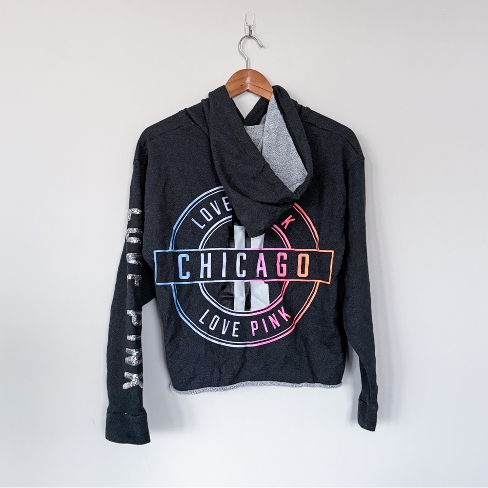 VS Victorias Secret Pink Grey Glittered Chicago Cropped Hoodie Sweatshirt